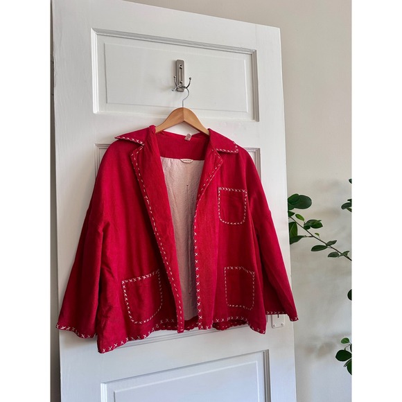 Runaway Bicycle Jackets & Blazers - Runaway Bicycle Red Corduroy Cross Stitch Chore Coat Jacket Womens SM